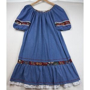 Appel Leisure Wear Denim Kaftan Midi Dress Size 2X Southwestern Trim Ruffle VTG